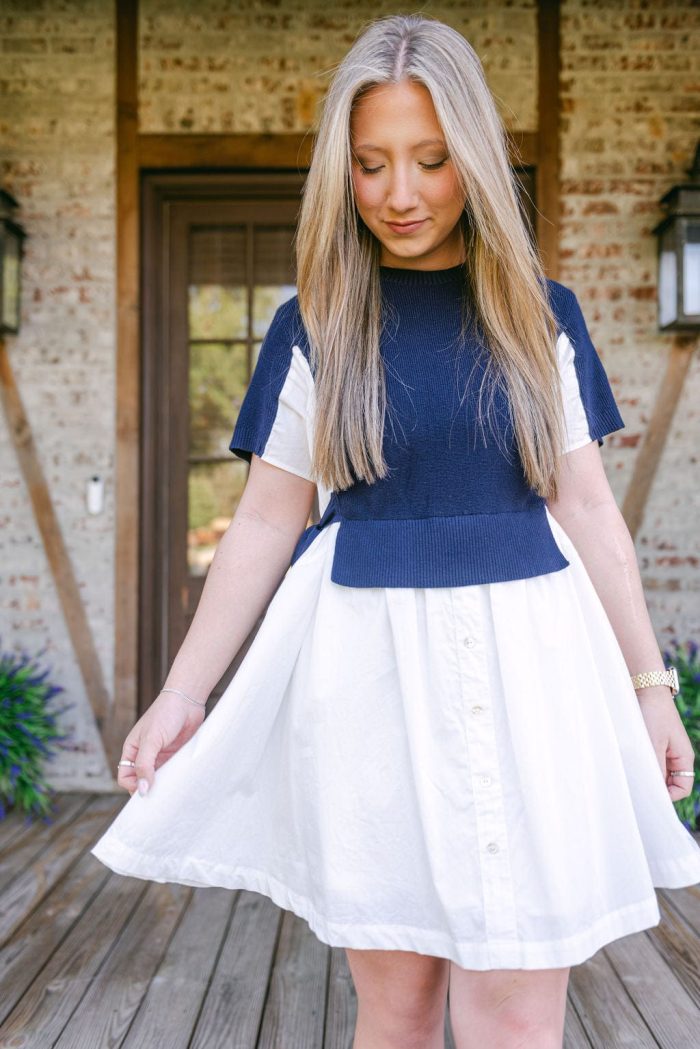 Navy Knit Detail Button Down Dress - Image 5
