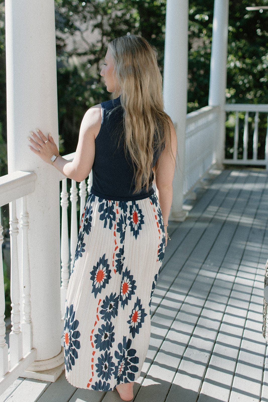 Navy Floral Pleated Midi Dress - Image 2
