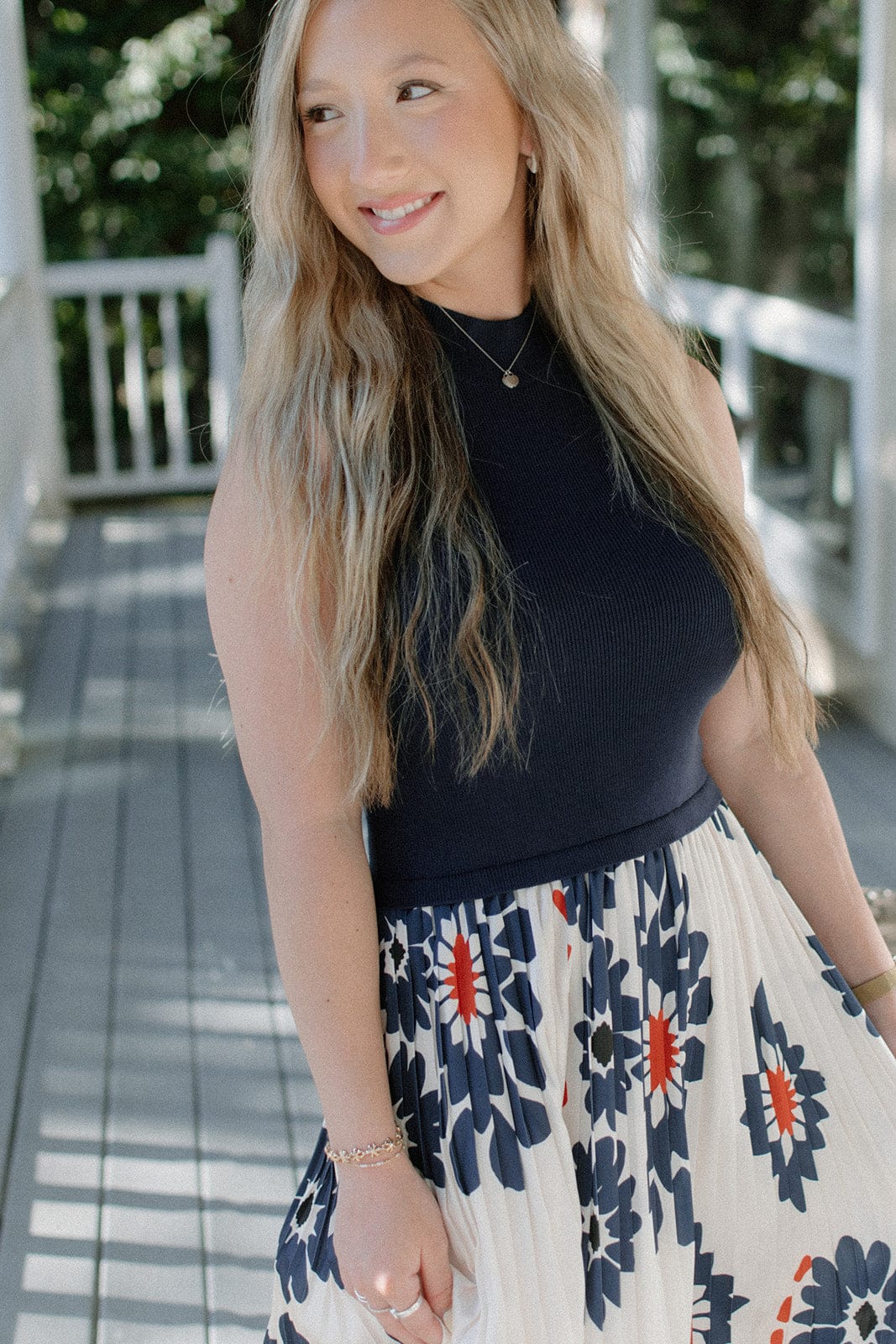 Navy Floral Pleated Midi Dress - Image 3