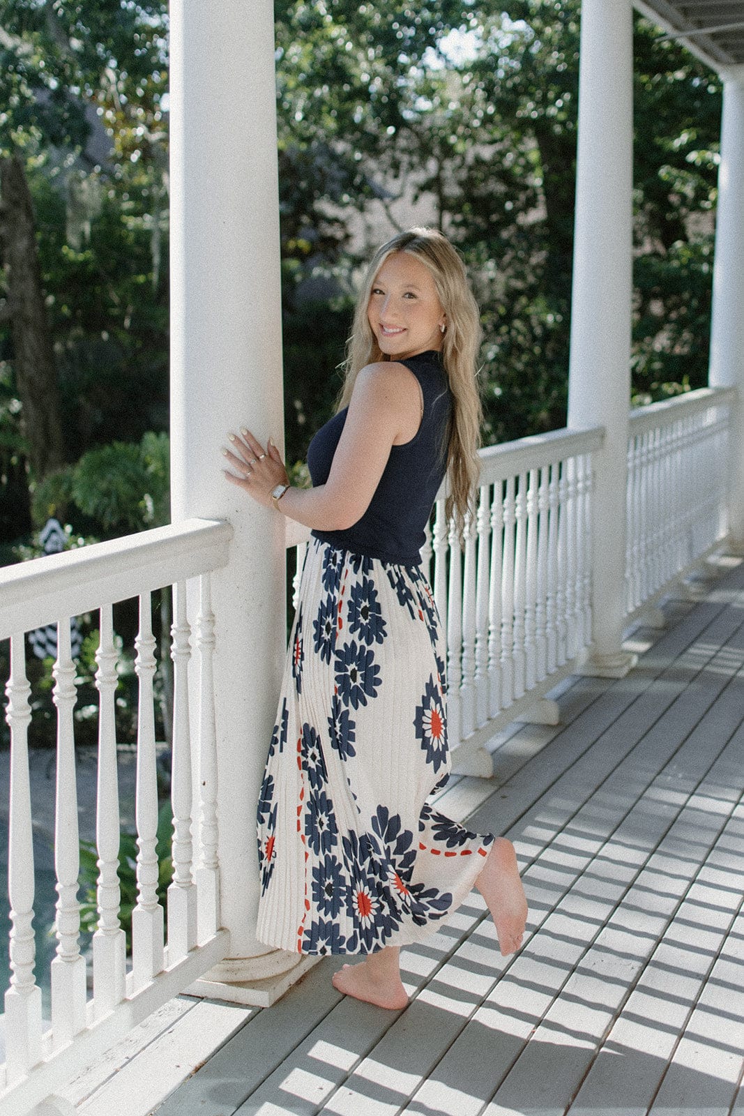 Navy Floral Pleated Midi Dress - Image 4