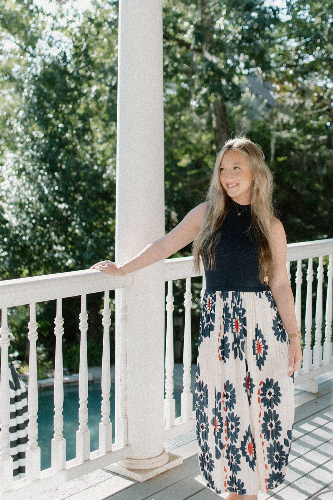 Navy Floral Pleated Midi Dress - Image 5