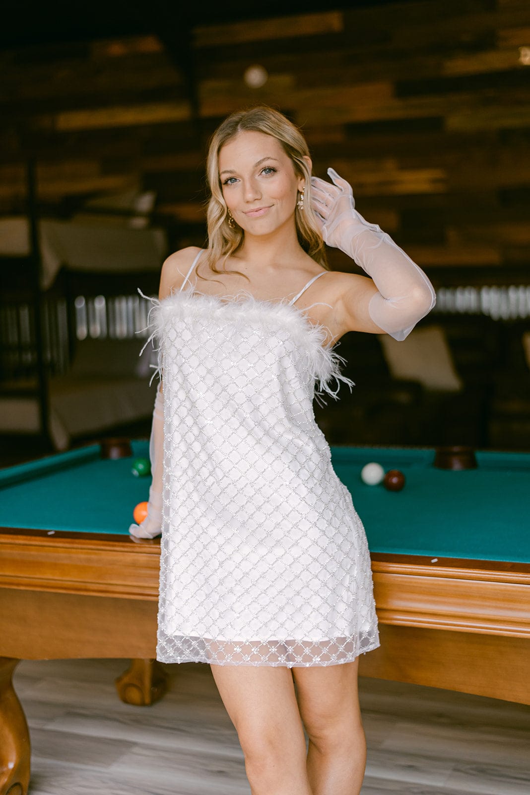 White Beaded Feather Trim Dress - Image 5