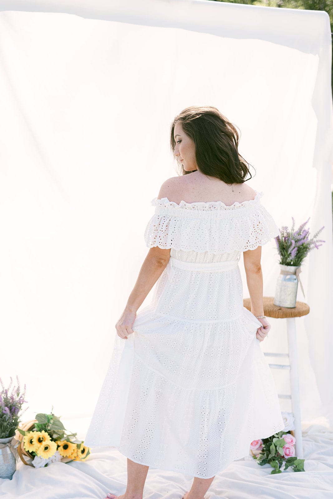 White Eyelet Lace Belted Maxi Dress - Image 2