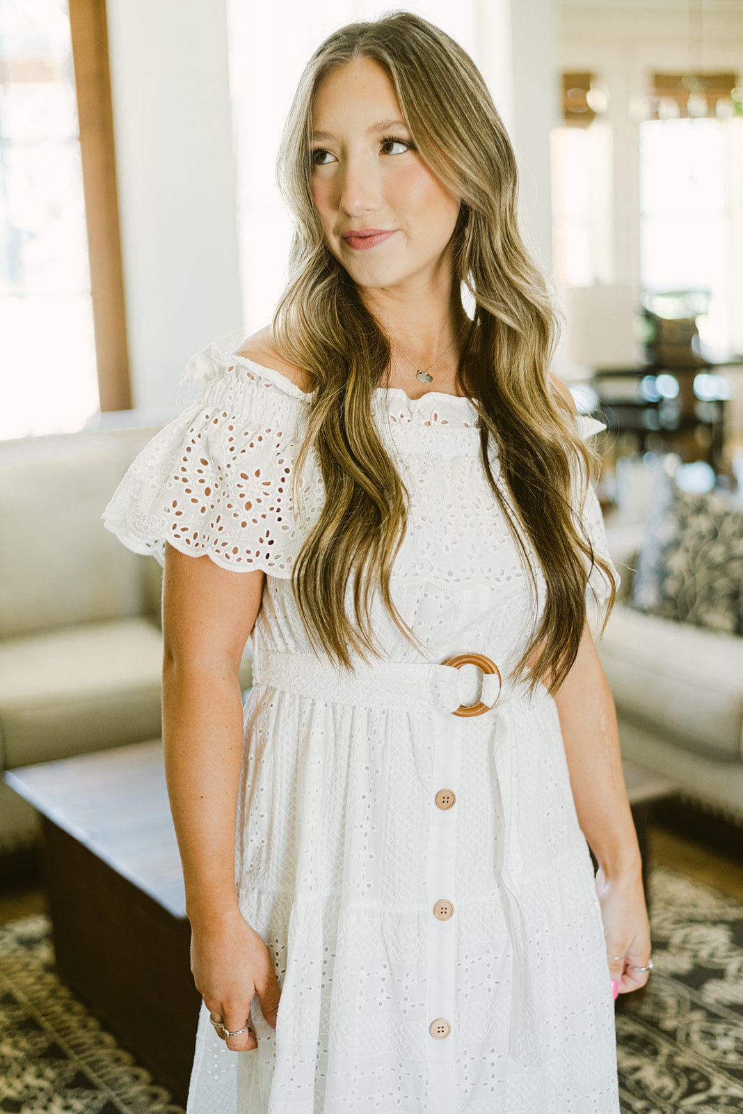 White Eyelet Lace Belted Maxi Dress - Image 6